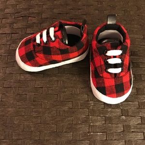 Newborn red and black plaid shoes
